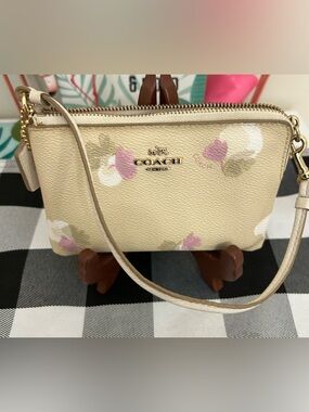 Coach Cream Floral Wristlet with Pink and Green Accents